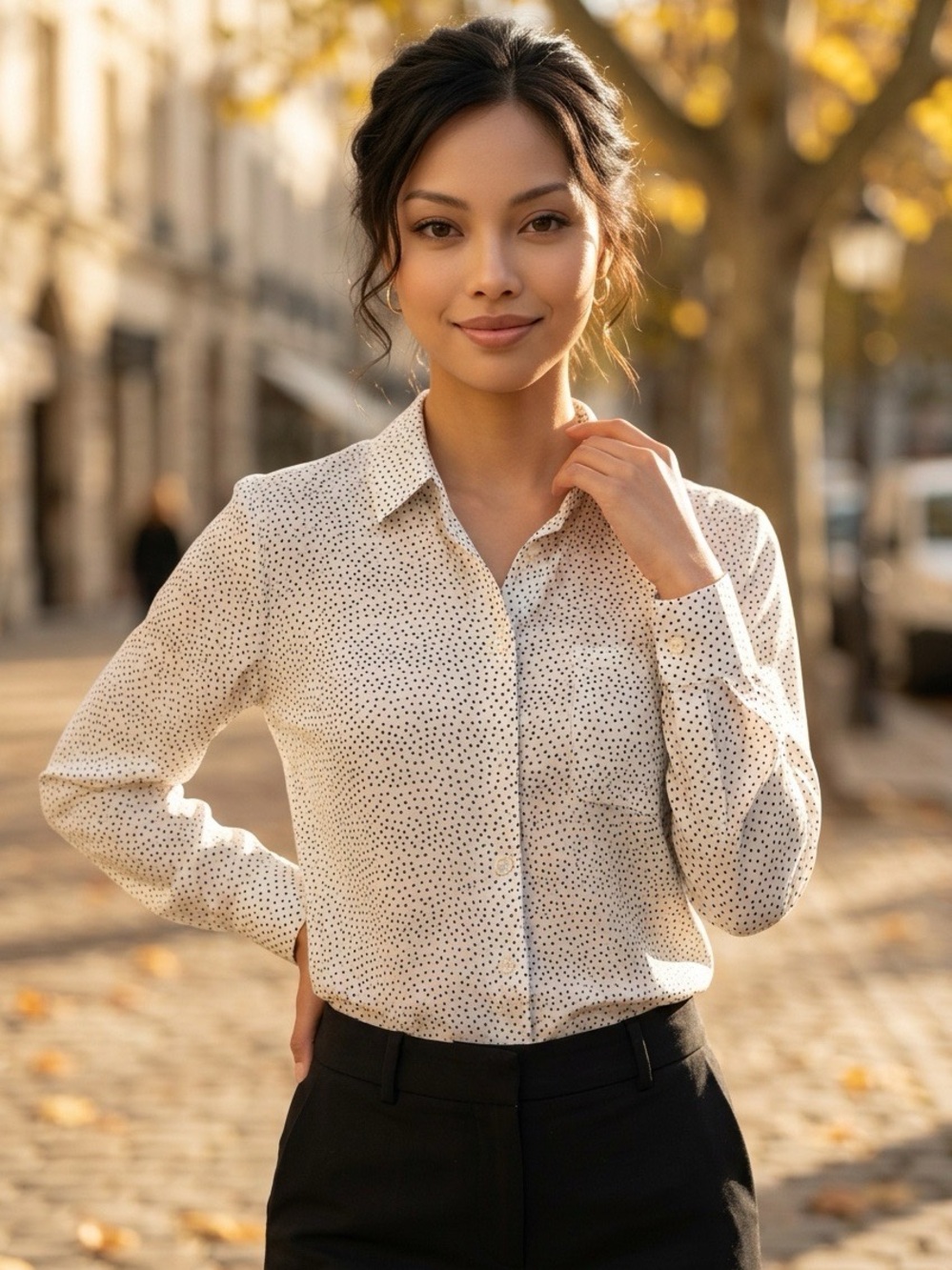 FRAME Silk Shirt in White with Black Polka-Dots, Size M